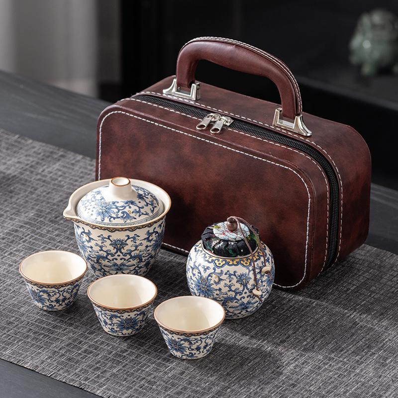 Dingyao blue and white travel tea set, one pot and three cups, outdoor portable set, light luxury business company commemorative gift