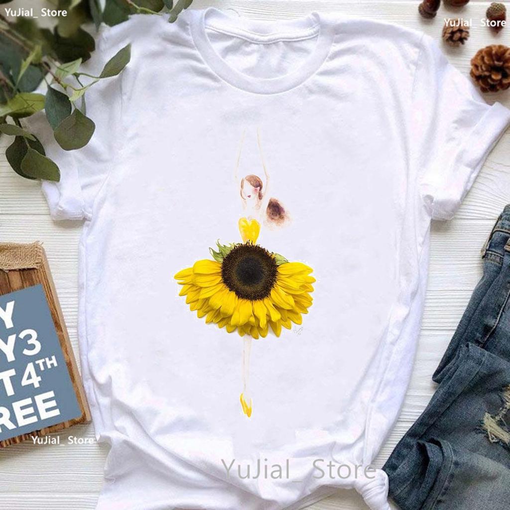 Rainbow Ballet Dancer Print T Shirt Girls Gymnast Lover Tshirt Unisex Watercolor Flowers Tshirt Femme Summer Short Sleeve Tops