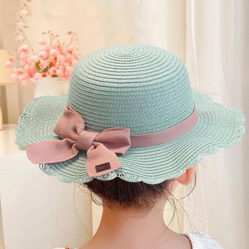 Strohhut & Schultertaschen-Set für Kinder Mädchen Breitkrempiger Sonnenhut Atmungsaktiver Strohhut Outdoor Strand Kopfbedeckung Schleifentasche