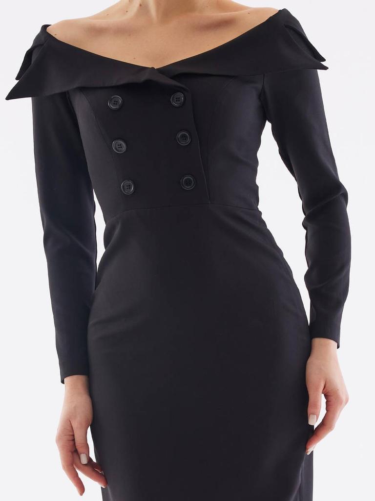 Boat Neck Button Detail Black Midi Dress