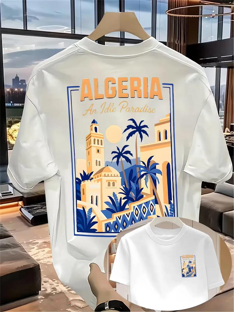 Unisex puur katoenen T-shirt Algerije Stadsgezicht Grafische T-shirts Casual Dagelijkse Streetwear Ronde Hals Korte Mouwen Top Voor Reisliefhebbers