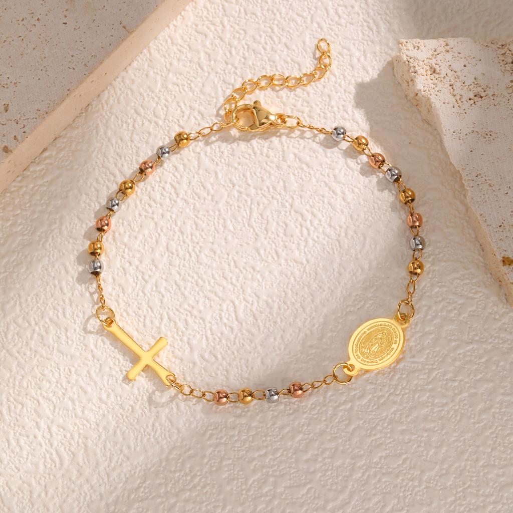 Heiliges dreifarbiges Rosenkranz-Kreuz-Armband für Damen, Edelstahl Goldfarbe Benedikt Runde Perlen Armbänder, Christentum Schmuck