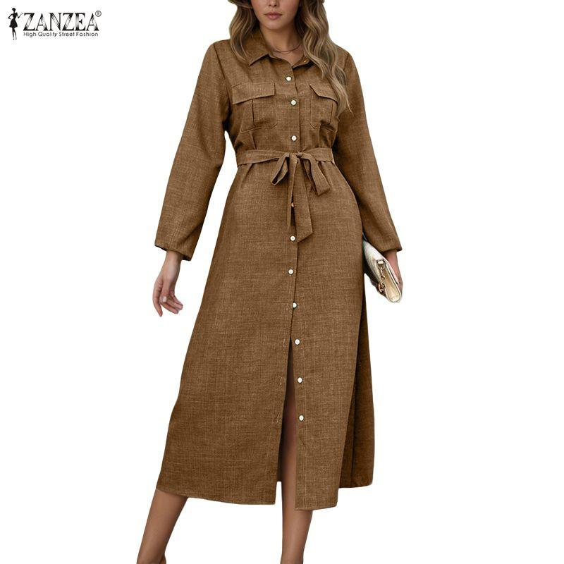 ZANZEA Lässiges Kleid mit Umlegekragen und langen Ärmeln für Damen