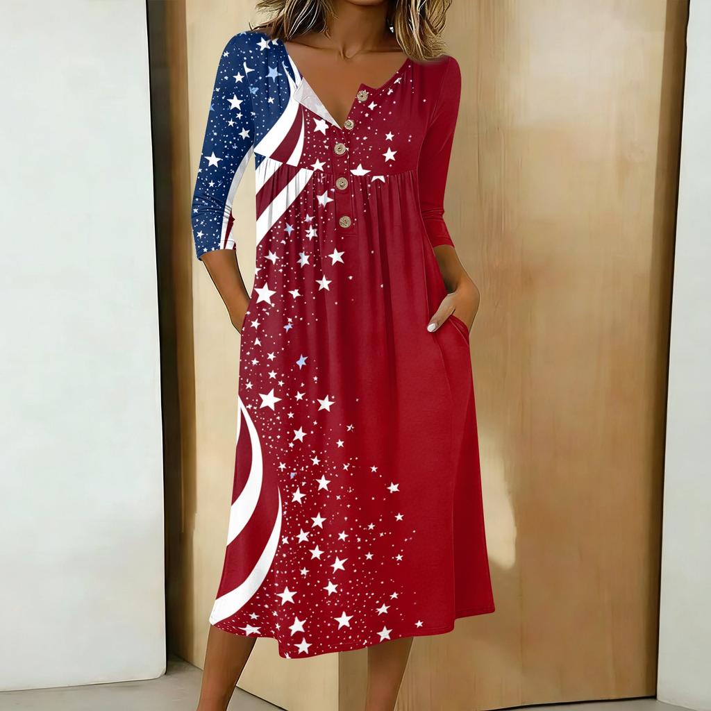 Women's Casual 3/4 Sleeve Button Front Midi Dress with Independence Day Print Loose Fit Comfortable Style