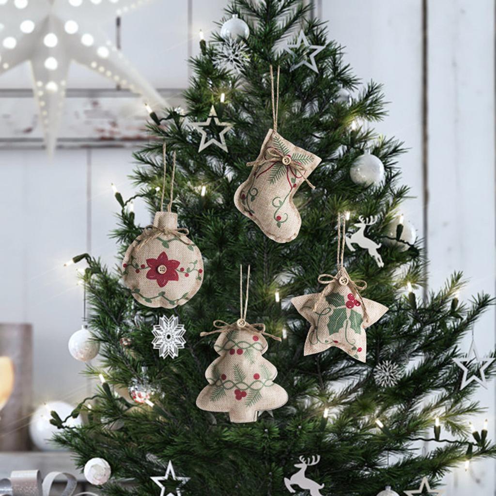 New Christmas Linen Pendant Printed Five-pointed Star Christmas Tree Shopping Mall Decoration Small Pendant