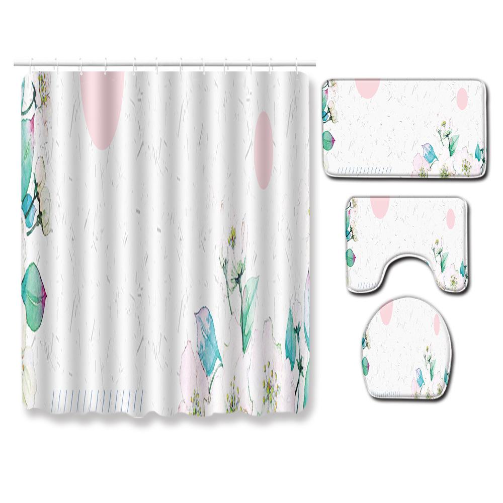Watercolor Textured Bathroom Shower Curtain Floor Mat Toilet Cover Foot Mat Four-Piece Set