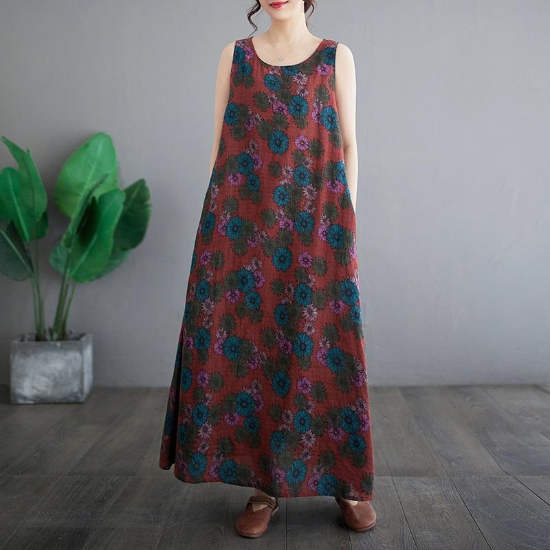 Sleeveless Plus Size Cotton Vintage Floral New In Dresses for Women Casual Loose Long Summer Dress