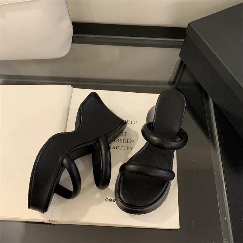 Thick-soled Slope Heel Cool Slippers for Women's High-end Wear 2025 Summer New Versatile One-word Strap High Heels