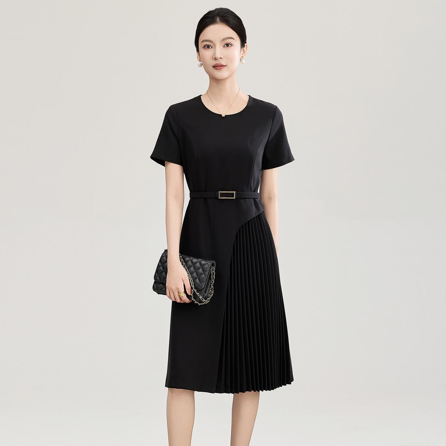 Elegant Slimming Pleated Short Sleeve Waist-Cinching Dress for Spring/Summer S чёрный