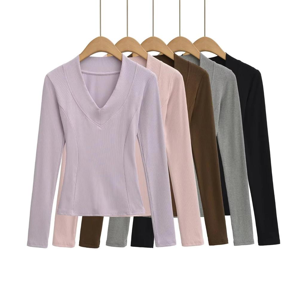 American Spicy Girl Deep V-Neck Long Sleeve Crop Top: Women's Slimming Waist, Regular Shoulder T-shirt for Autumn/Winter