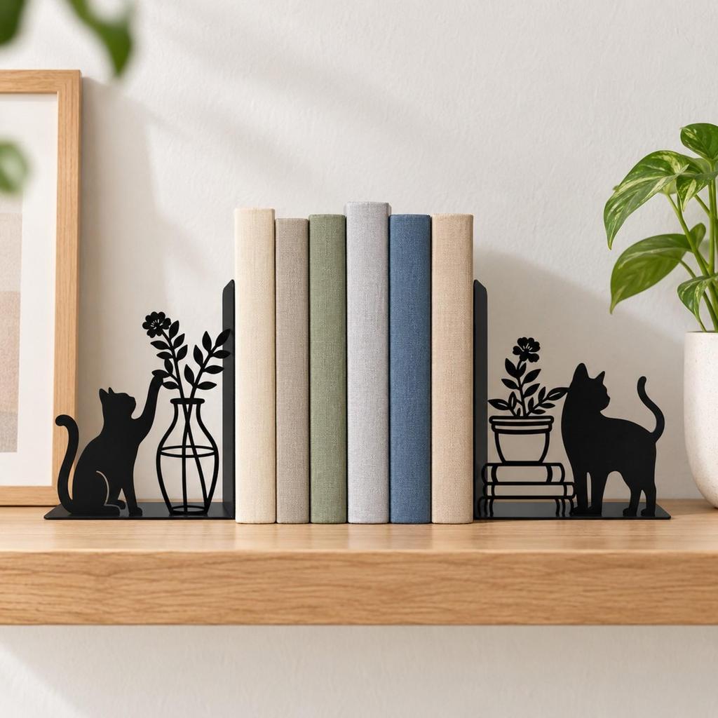 Black Metal Bookend with Cat Decor Stable CatandPlant Decorative Sturdy Animal Bookends for