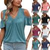 Women's Fashion V-neck Off Shoulder Pleated Loose Short Sleeved Pullover T-shirt Top