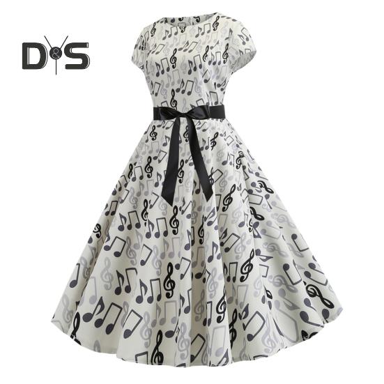 Damenkleid mit Musikskalen-Print, Rundhalsausschnitt, Schleife, Gürtel, enge Taille, A-Linie, großer Saum, bunt, kurze Ärmel, Reißverschluss auf der Rückseite, Midikleid für Damen