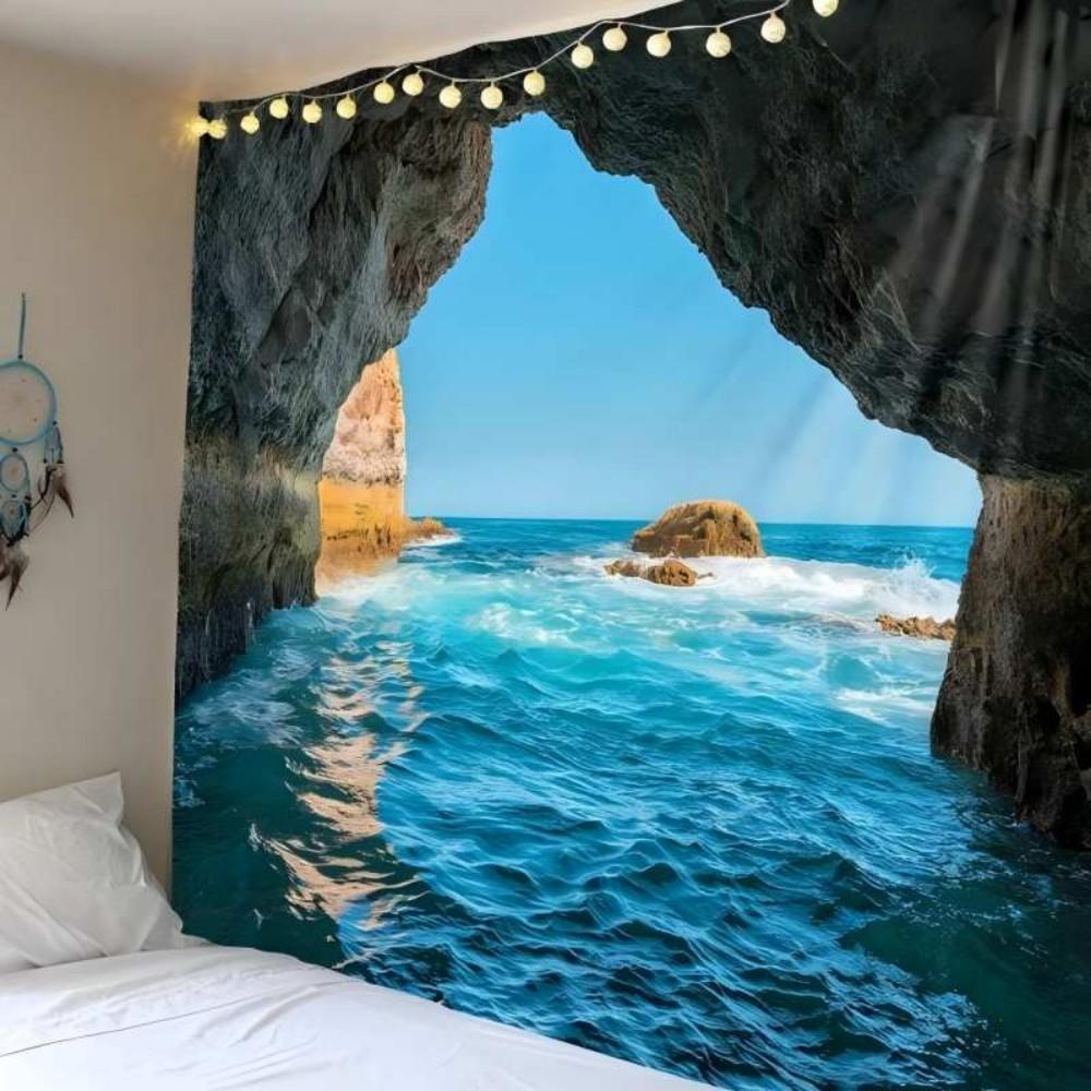 VIKAMA Coastal Landscape Print Tapestry Bedroom Headboard Living Room Study Home Wall Hanging Decor Machine Washable Durable