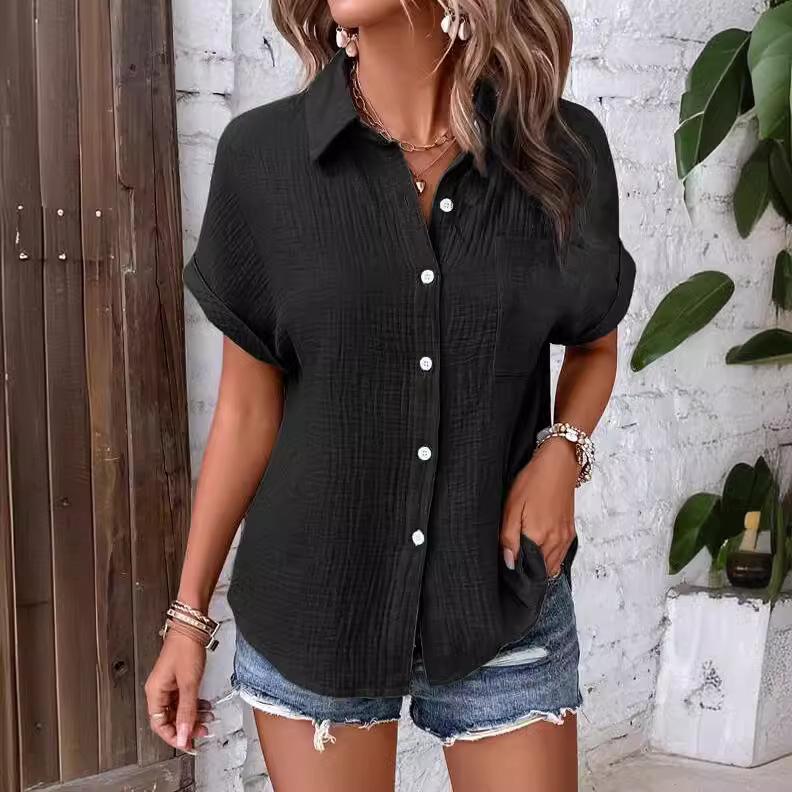 2024 Summer Women's Casual Solid Color Crinkle Fabric Batwing Sleeve Button-Down Shirt