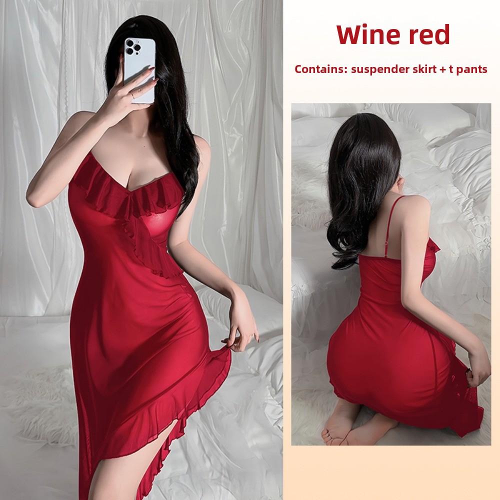 Style Suspender Nightgown Sexy Charming Ruffle Bottom Swing Split Pajamas Loungewear