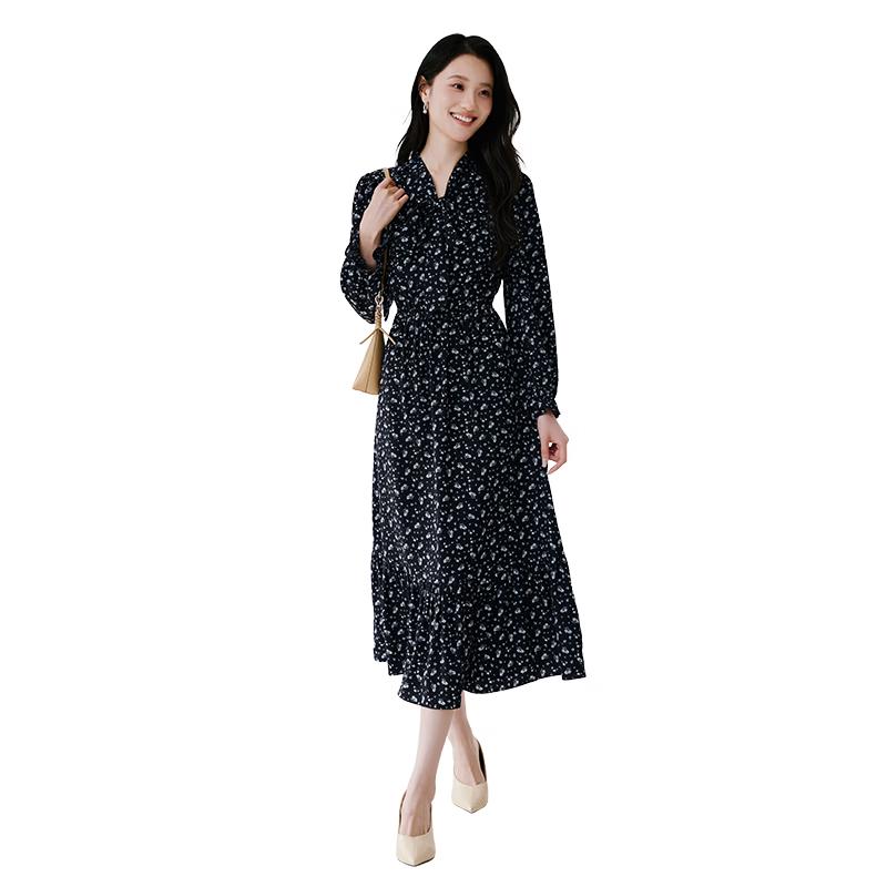 Xiangying Elegant Blue Floral Chiffon Dress S