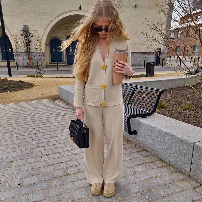Cozy Knit Cardigan Pants Women Set Loose V-neck Pocket Button Coat Wide Leg Trousers  Autumn Winter Fashion Lady Outfit