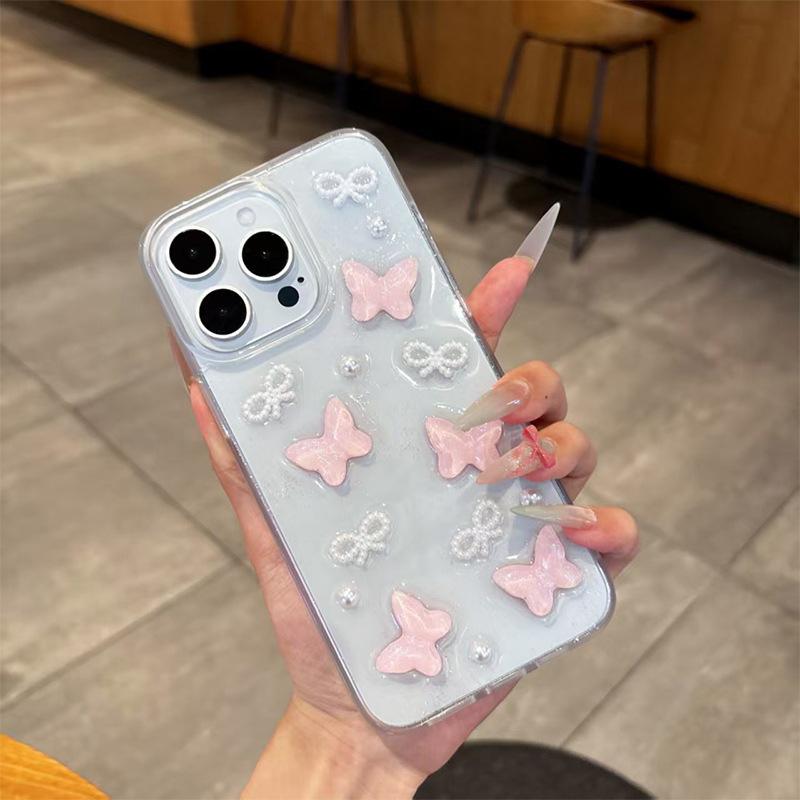 Bow Tie Butterfly Pearl Glitter Pink Phone Case for Apple 16 Promax Transparent for IPhone 17 Small Fresh and Fashionable