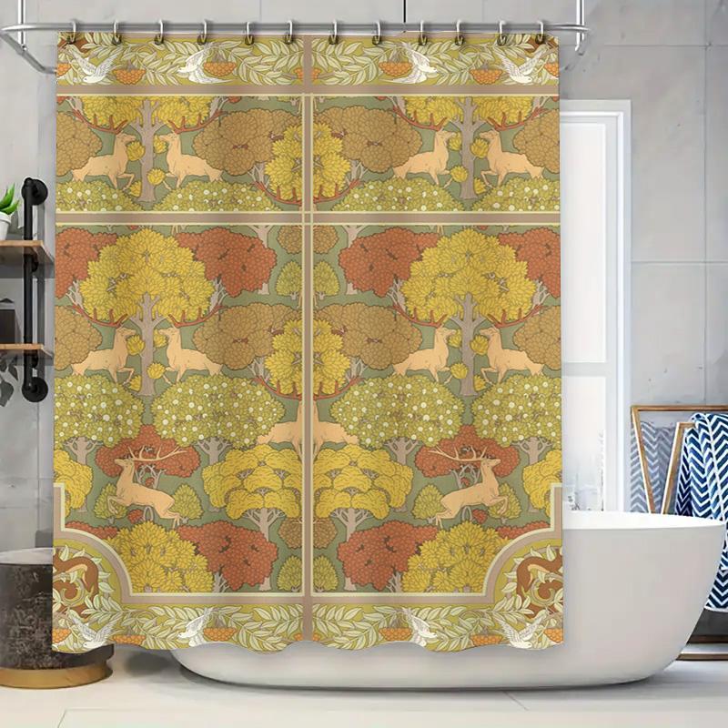 

Retro Art Style Shower Curtain Waterproof and Mildew Proof Bathroom Curtain Deer Tree Pattern Home Decorative Curtain 90x180cm