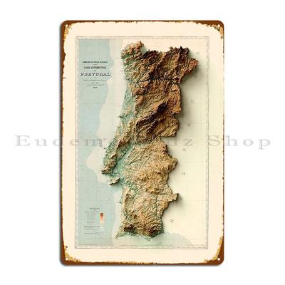 1906 Portugalsko Reliéfní mapa 3D Digitálně Vykreslená Kovová Znamení Vytvořit Vytvořit Plakety Plakety Domov Plechová Znamení Plakát