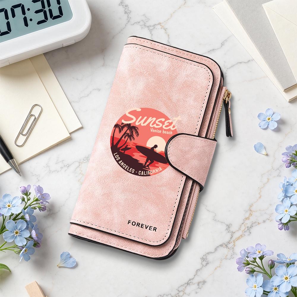 Vintage Style Sunset Pattern Long Wallet Multi Pocket Portable Daily Use Purse