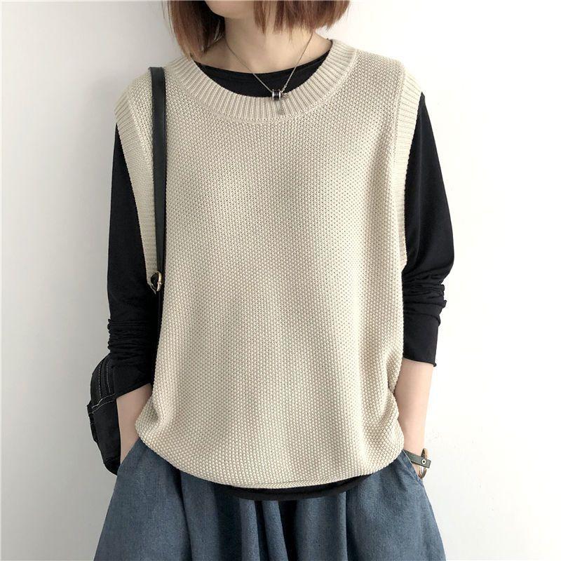 Women's Plus-Size Loose Knitted Vest Outer-Wear for Autumn and Winter Retro Versatile Crew Neck Pullover Sweater Gilet Cardigan