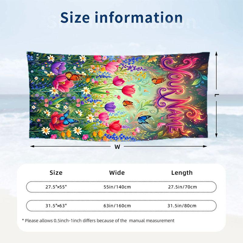 Floral Garden Theme Beach Towel Personalized Custom Name & Text Soft Quick Dry Beach Towel for Swimming Travel