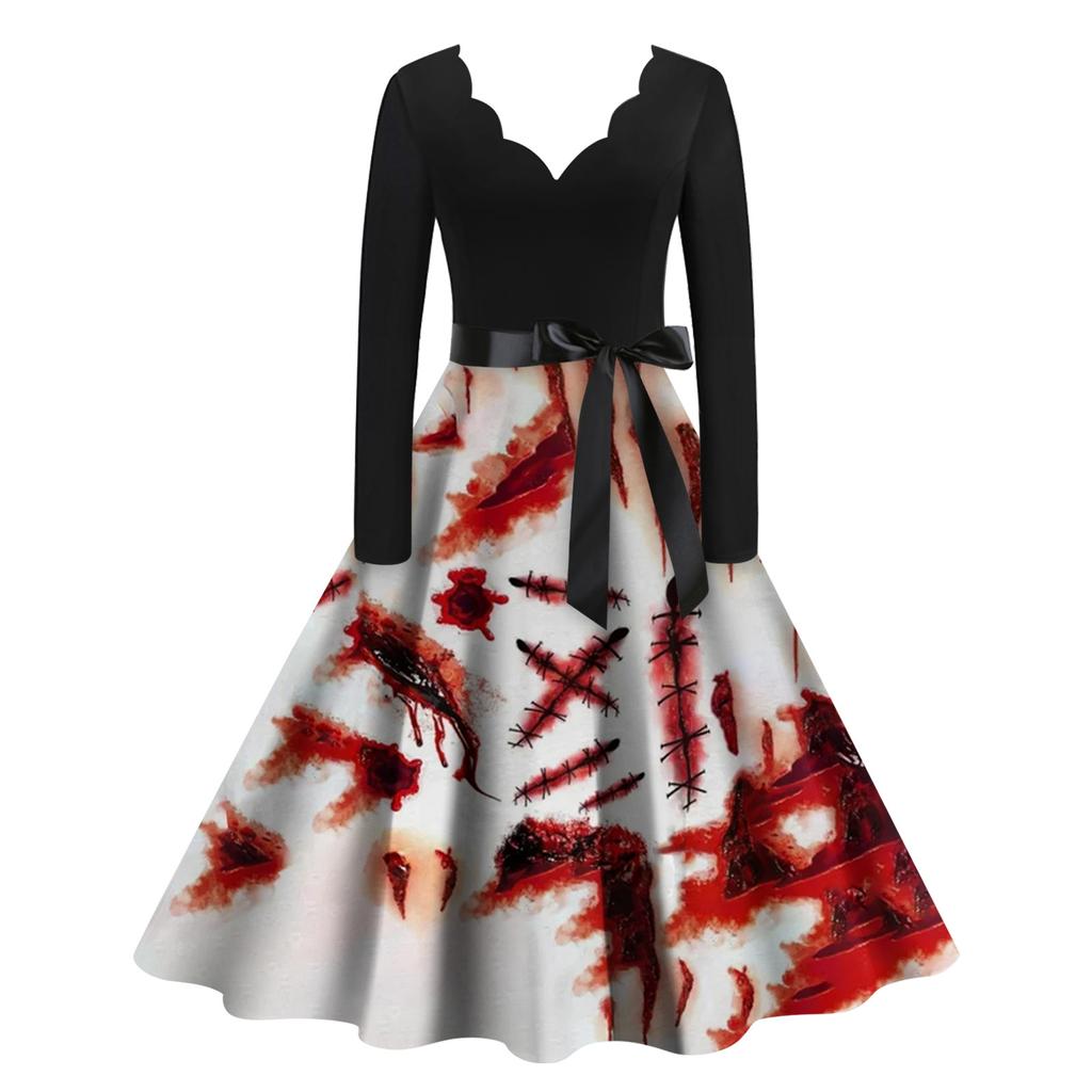Halloween Women's Casual Fashion V-Neck Printed Vintage Dress