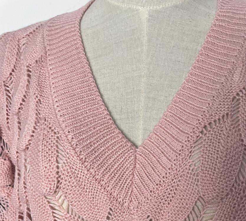 European & American Winter V-neck Hollow Feather Knit Sweater for Women