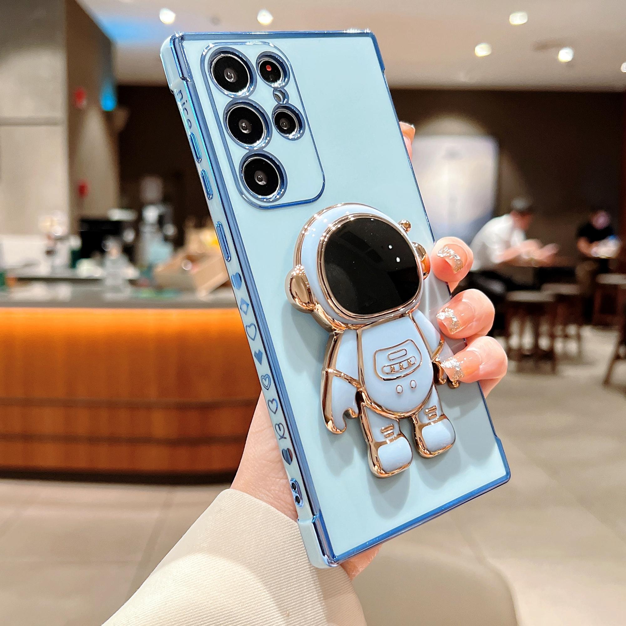 

For Samsung Galaxy S25 Ultra Case Love Hearts Electroplating TPU Phone Cover with Astronaut Kickstand Blue