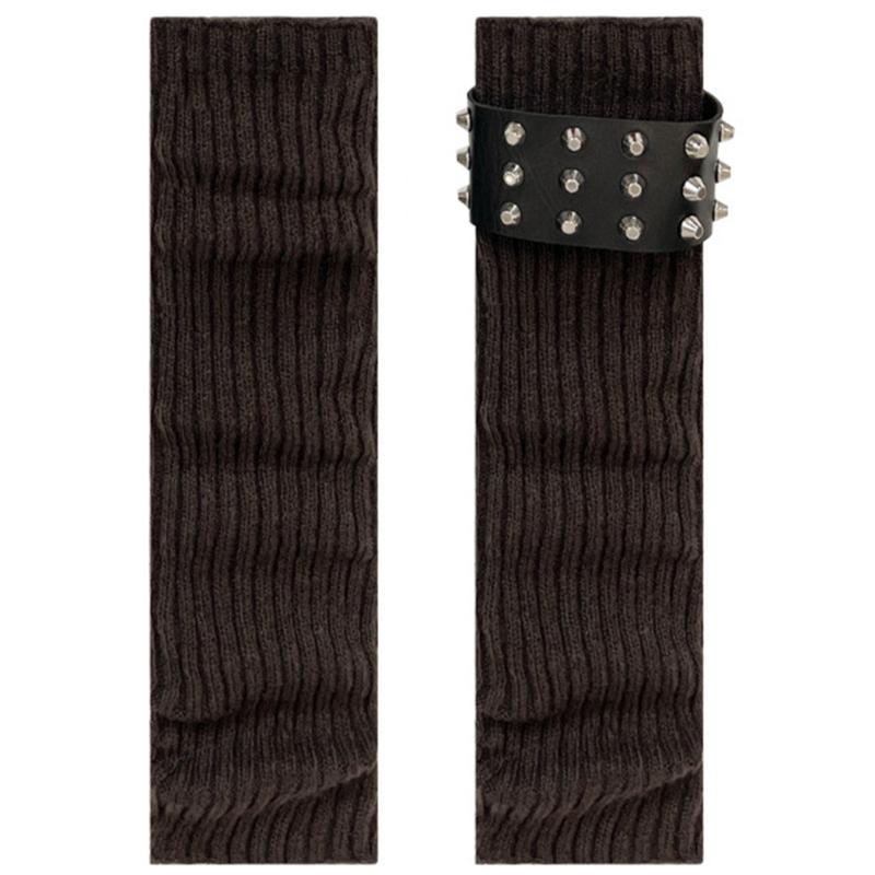 Gothic Punk Ribbed Knit Leg Warmer Sleeve with Metal Rivets Leather Belt Motorcycle Boot Covers Footless Socks for Women