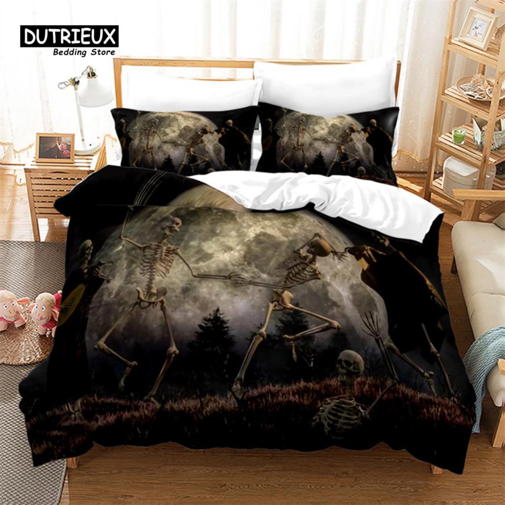 Skull Duvet Cover Microfiber Horror Theme Bedding Set Grunge Scary Skulls Sketchy Graveyard Death Evil Face Full Comforter Cover