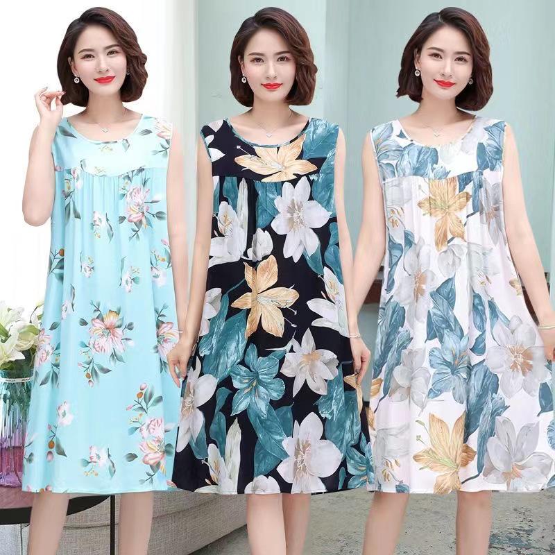 Plus Size Sleeveless Cotton Rayon Dress for Middle-Aged Women