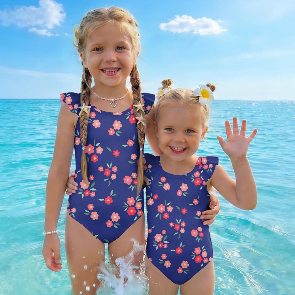 Girls One Piece Swimsuit Floral Print Sleeveless Ruffle Shoulder Design Lightweight Comfortable Fabric Suitable for Summer Beach Pool Swimwear