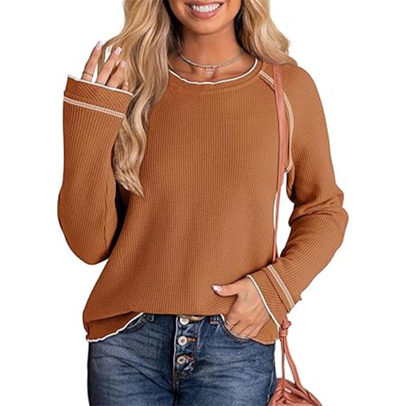 

Женская вафельная футболка с длинными рукавами и круглым вырезом, модная повседневная футболка со свободной подкладкой Футболки женские XXL тёмно-рыжий