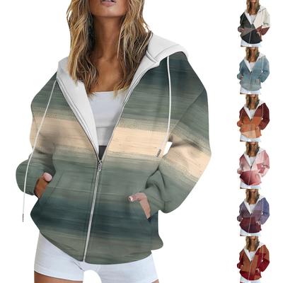 Women's Long Sleeve Print Sweatshirt Long Sleeve Pocket Jacket Zipper Hoodie Coat