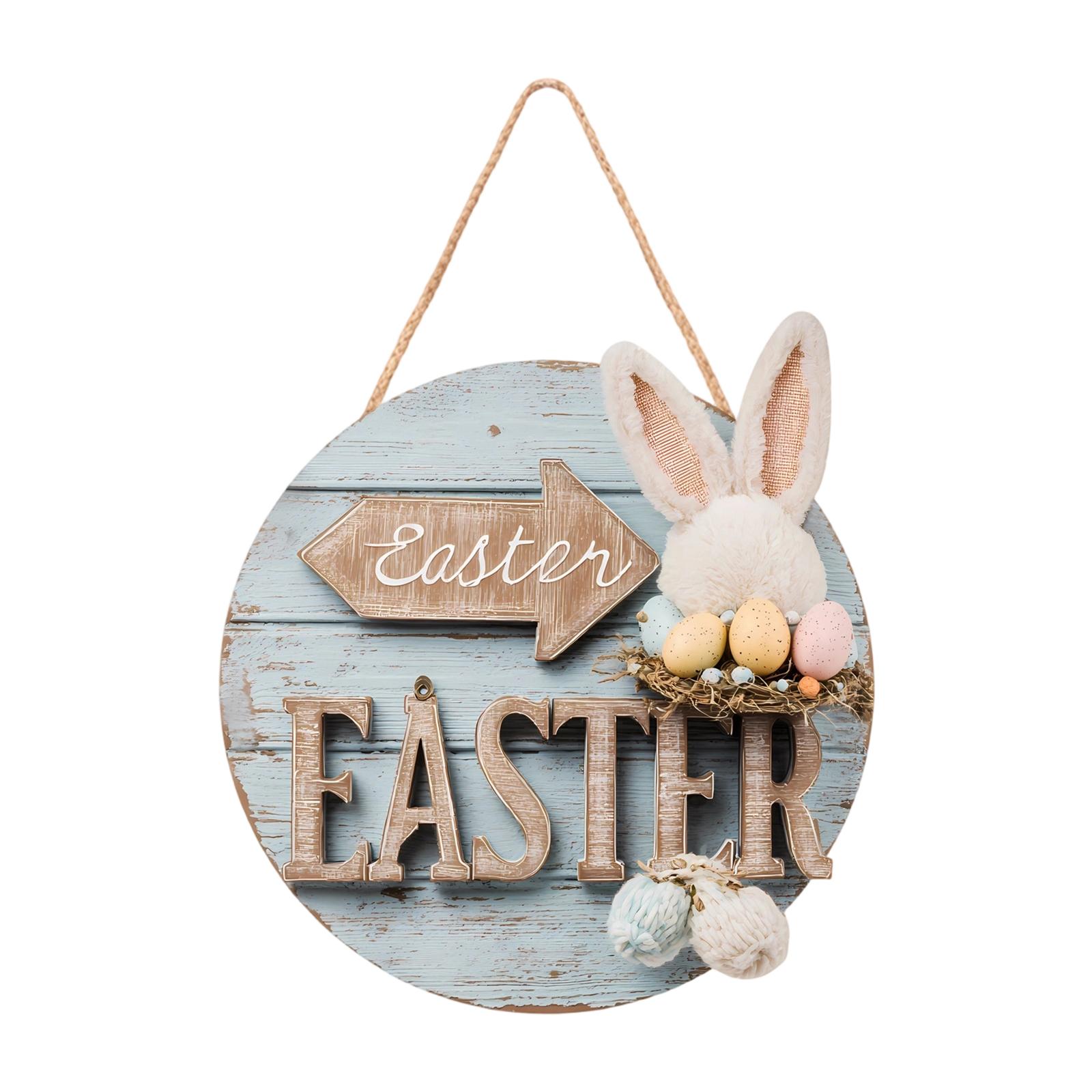 

20cm Easter Wooden Front Door Sign Hanger,Assorted Cute Bunny & Colorful Egg Round Door Plaque Decor For Easter Home Porch Wall Decoration One Size
