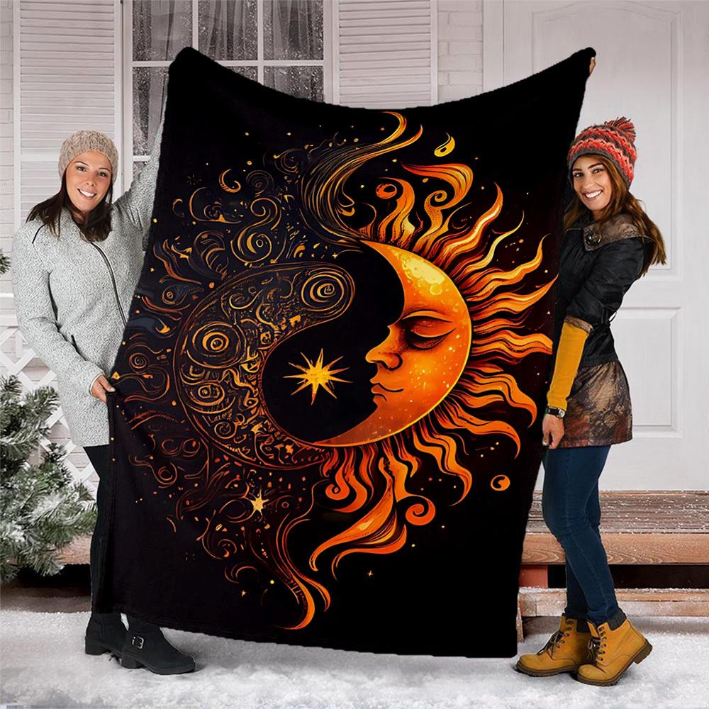 1pc Sun Moon Symbol Throw Blanket Polyester Fiber, Lightweight Flannel, Soft & Warm, All Season Use for Outdoor, Camping Digital Print