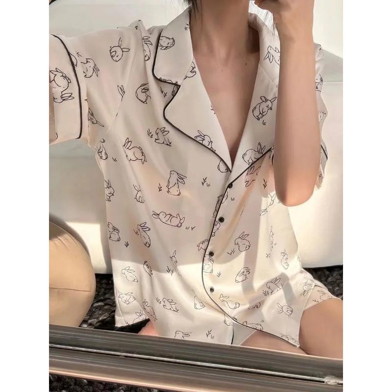 2 Pezzi Stampa Indumenti da Notte Raso di Seta Sintetica Pigiami Moda Casual Pigiama Donna Set Pigiama con Pantaloncini Abiti Pittura a Inchiostro