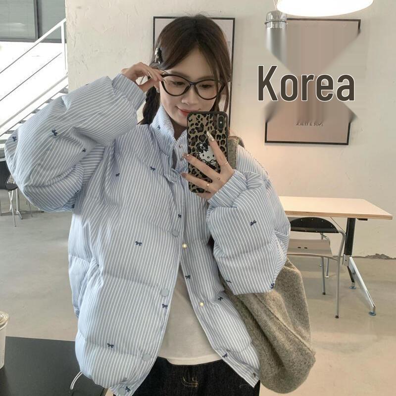

Women’s Winter Bow-Striped Jacket: Thick, Warm, Versatile Coat with Japanese & Korean Vibes. M синий