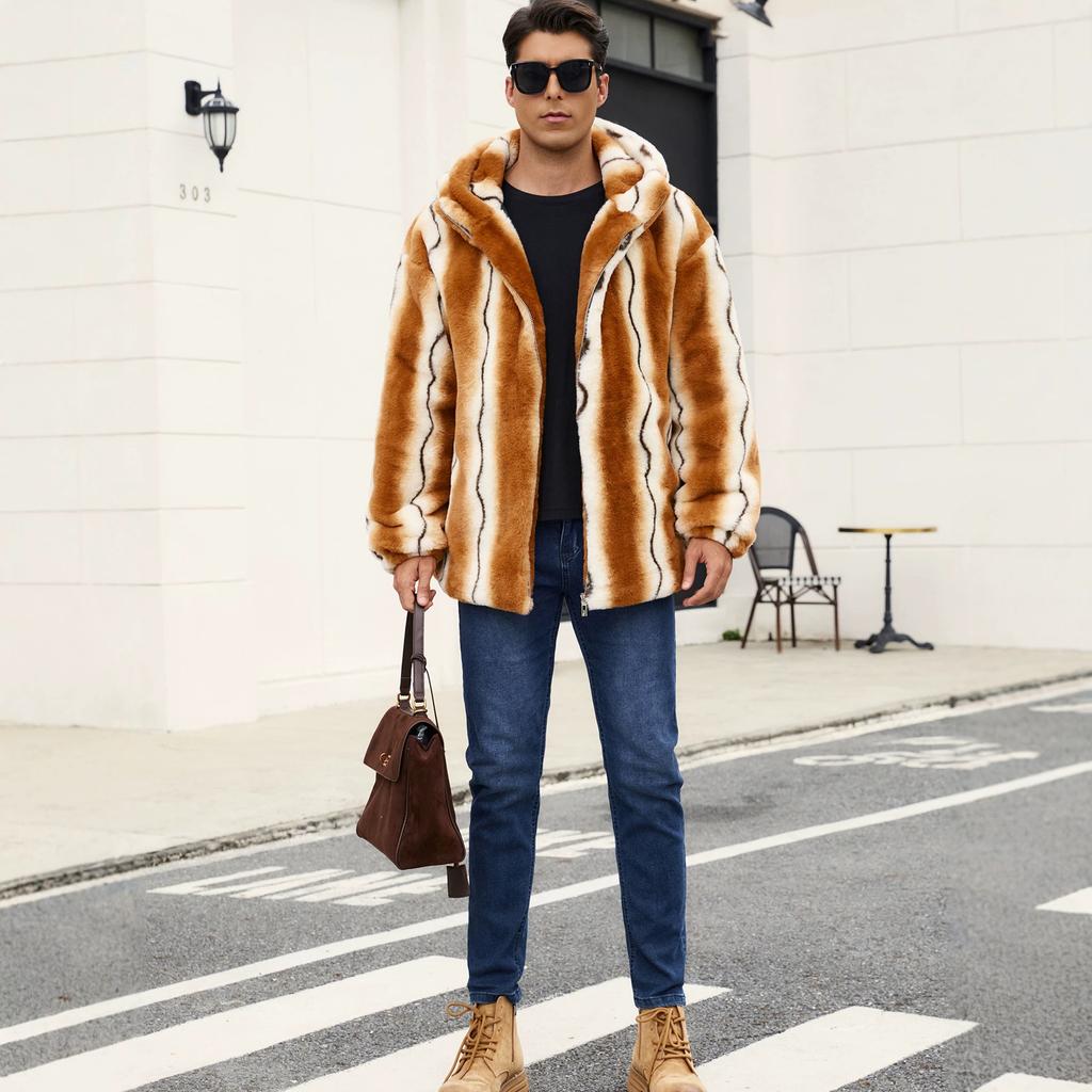 Faux Fur Jackets for Men Casual Fuzzy Full Zip Fleece Coat with Hood Long Sleeve Hoodie Fall Winter Outwear Men's Warm Fluffy Shaggy Hooded Jacket