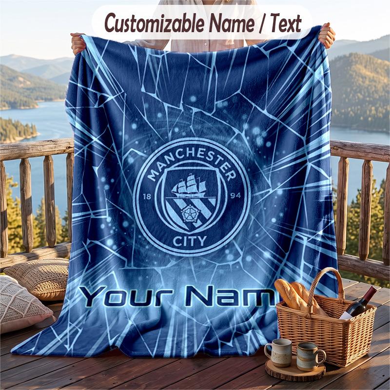 Flannel Blanket Manchester City Print Custom Name Text Soft Throw for Sofa Bed