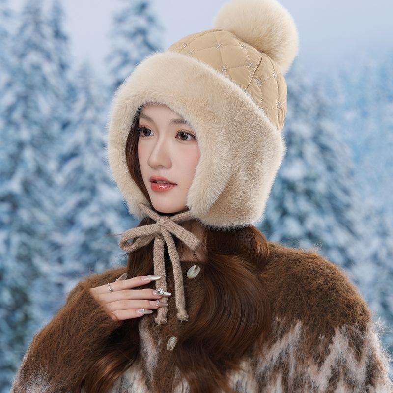 Módní klobouk Dámský Podzimní a Zimní Teplý Větruodolný Ochrana Uší Klobouk Lei Feng Vlasová bambulka Zesílený Nadýchaný Klobouk