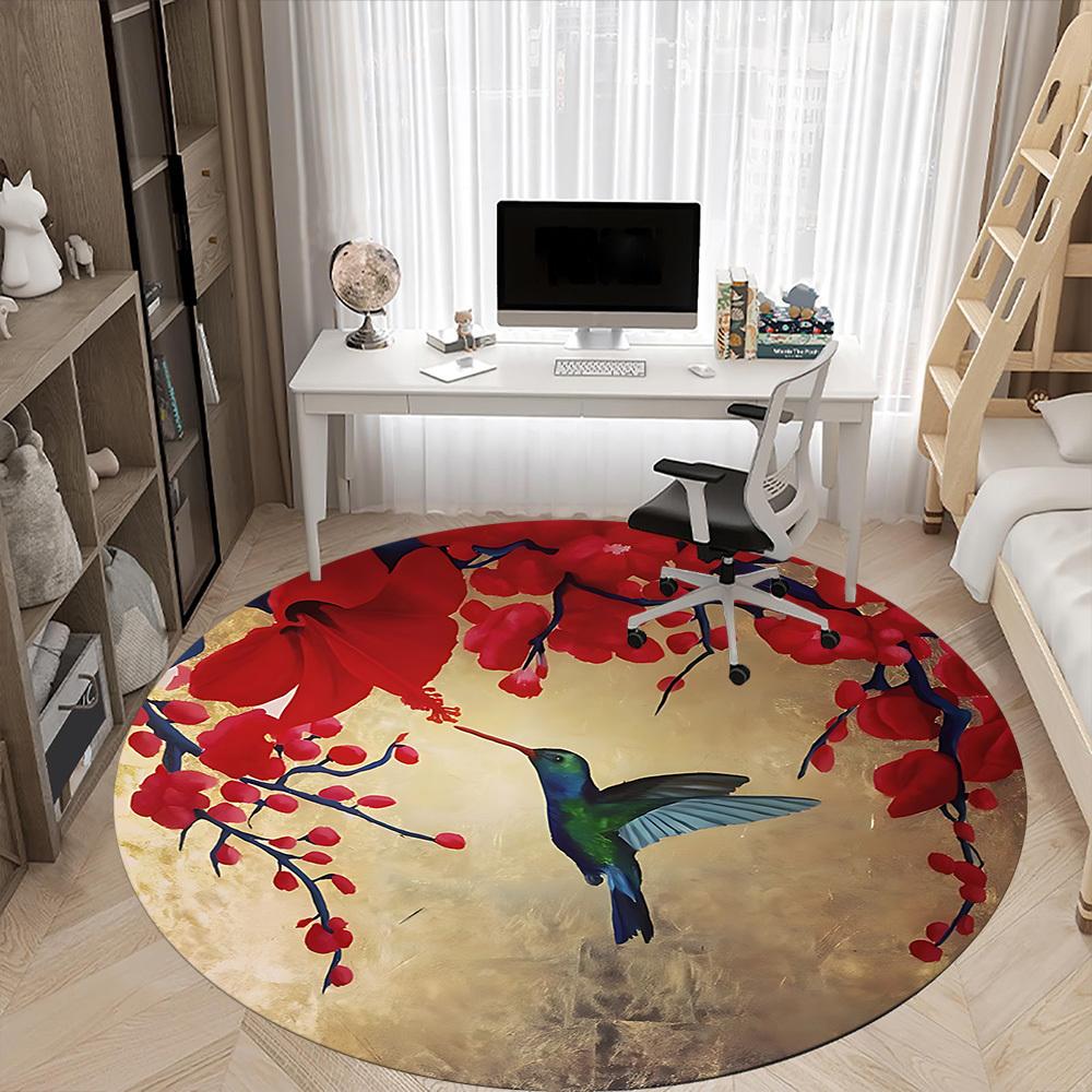 1PC Hummingbird Blossom Office Round Area Rug, Indoor Mat Suitable ForOffice, Under Office Chairs Bedroom Living Room Home Decor, Room Deco, D075