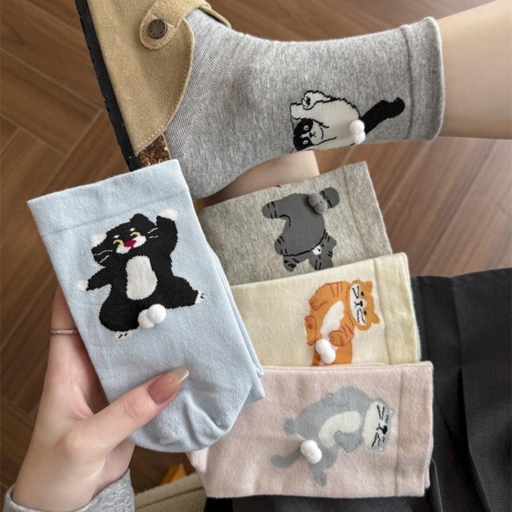 Breathable Comfortable Cartoon Cat Socks Soft Mid Calf Socks New Couple Socks All Seasons
