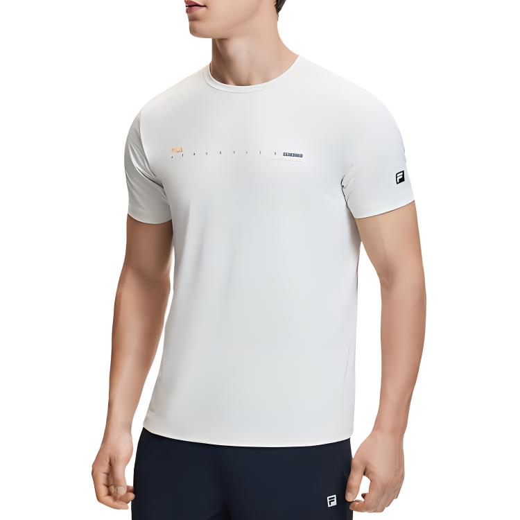 FILA Fitness SS24 Logo Print Moisture-Wicking Quick-Dry Cool Sports Knit Crew Neck Short Sleeve T-Shirt Men Tops Pearl-Gray A11M421107FGY