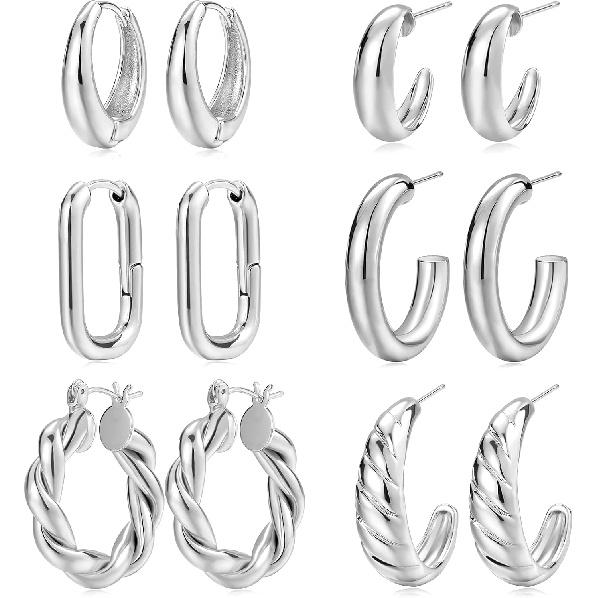 Gold Hoop Earrings Set for Women, 6 Pairs 14K Gold Plated Lightweight Hypoallergenic Chunky Open Twisted Hoops Earrings Pack Jewelry