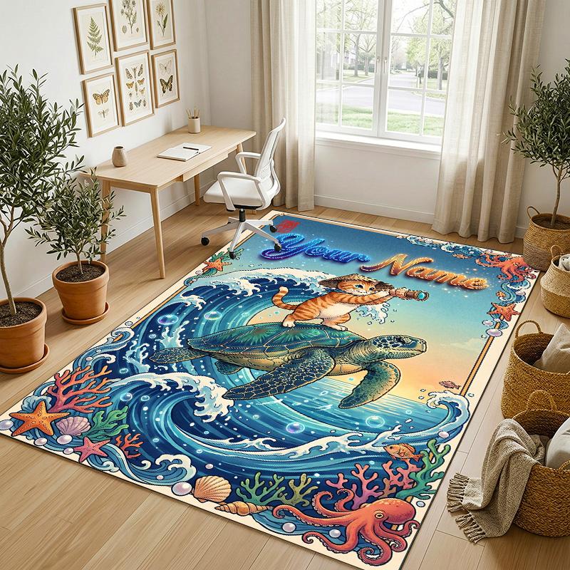 Cat Theme Crystal Velvet Rug Personalized Custom Name Text Soft Floor Mat Home Decor
