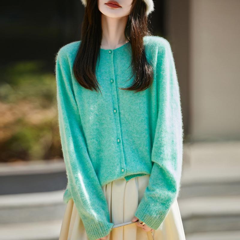 Women's Korean-Style Brushed Wool Cardigan - Round Neck, Chic Knit Outerwear Sweater, New for 2025.